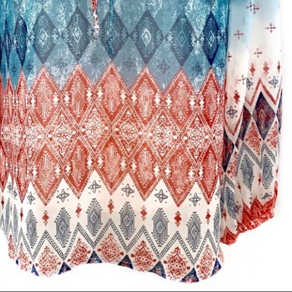 BCBGMaxAzria size S orange blue & ivory BOHO tie front long puffed sleeve blouse - Picture 7 of 15